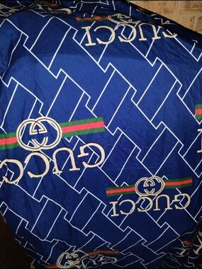 Gucci Navy Blue Logo-Print Fabric with Green and Red Stripes